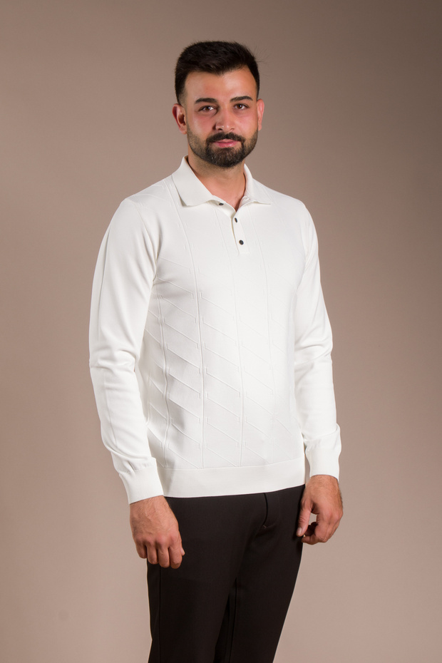 Men's White Patterned Polo Neck Tricot