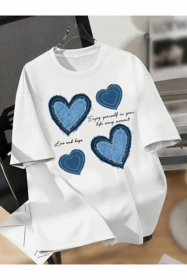 Heart Pattern T-Shirt] Heart Pattern,, Comfortable Polyester T-Shirt for All Seasons in Knitted Fabric