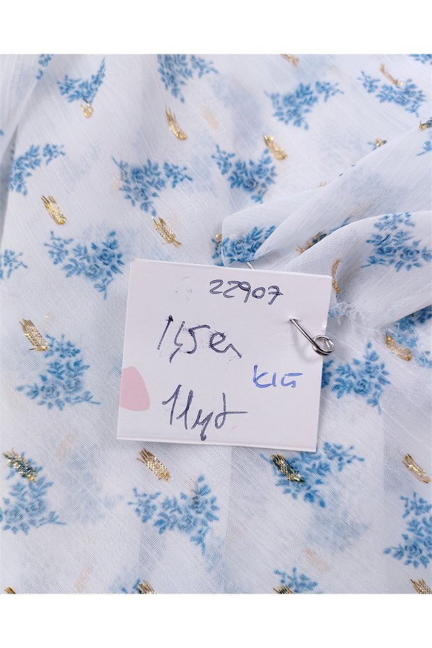 White with Blue Flowers and Gold Glitter Crinkle Chiffon Fabric for Dresses & Pareoles Width: 145cm