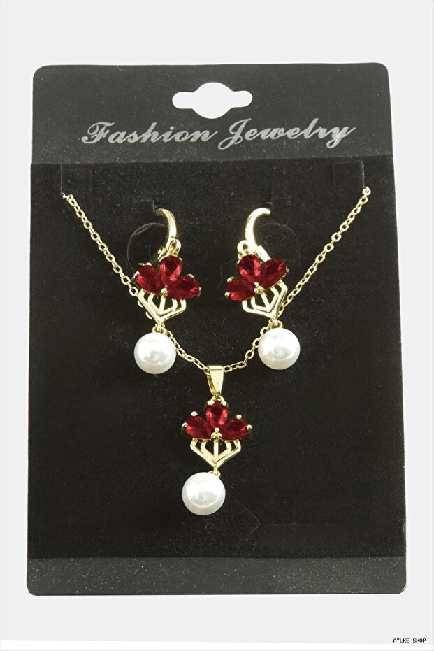 Ilkestor Flower Pearl Zircon Stone Set (181208) Necklace Red