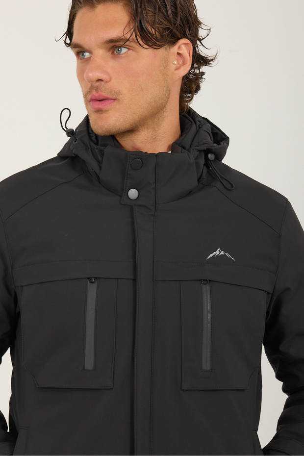 Men's Black Water and Wind Resistant Fur Lined Hooded Double Zipper Pocket Technical Fabric Outdoor Jacket
