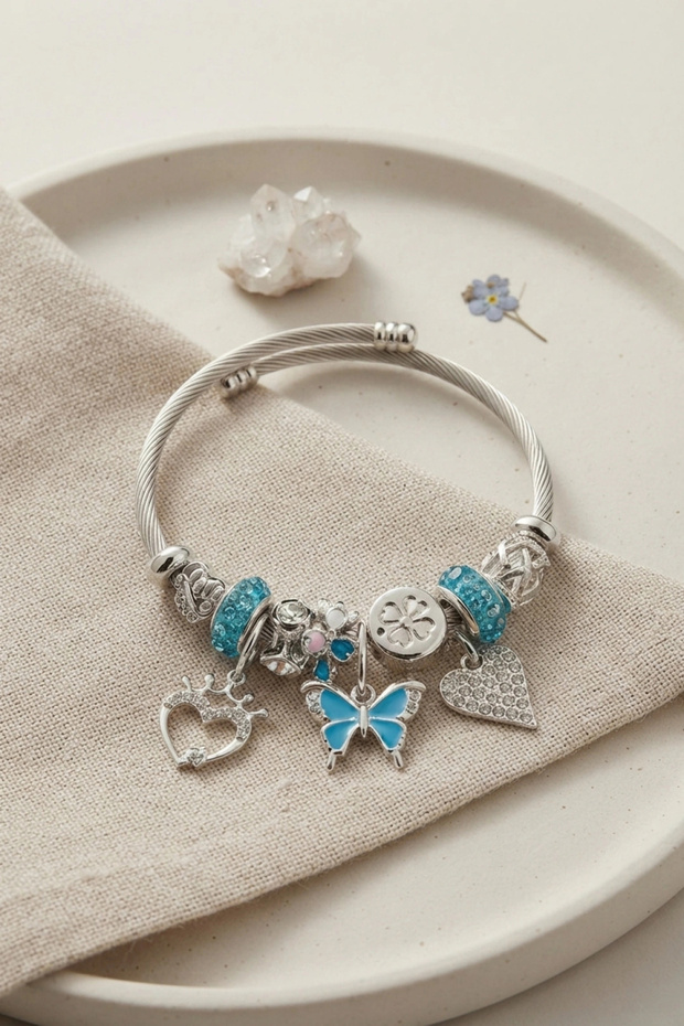 Silver Color Bracelet with Blue Butterfly and Heart Charm