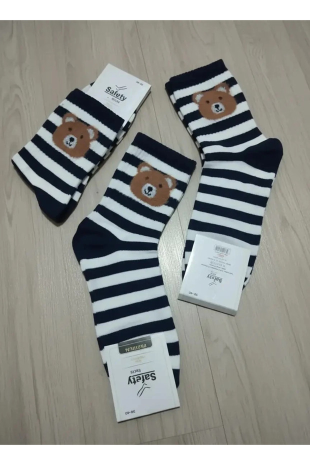 Tedy Teddy Bear Furry Navy Blue White Striped Colorful 12 Pack College Socks