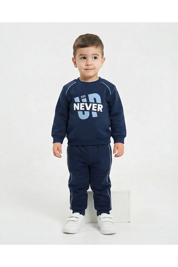 Boy's Winter 3-Thread Ribbed Never Printed Top and Bottom Tracksuit Set for Ages 2-3-4-5-6