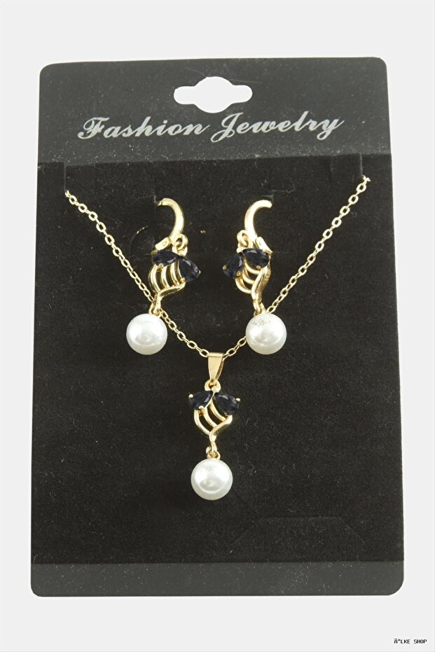 Ilkestor Flower Pearl Zircon Stone Set (232040) Necklace Black