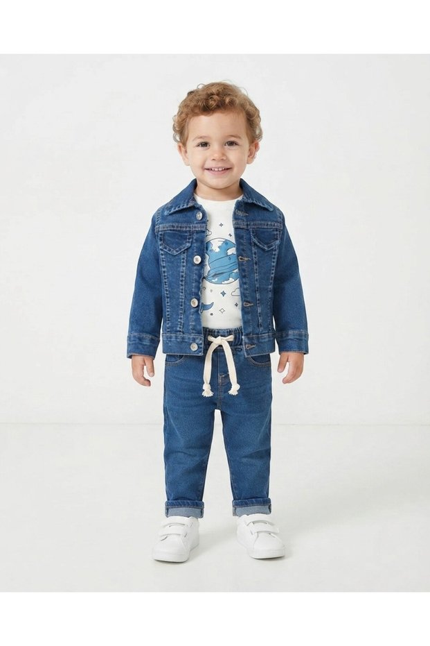 Boys' Seasonal Flexible Fabric 3-Piece Jogger Set | T-Shirt, Denim Jacket and Pants 1-5 Years Old