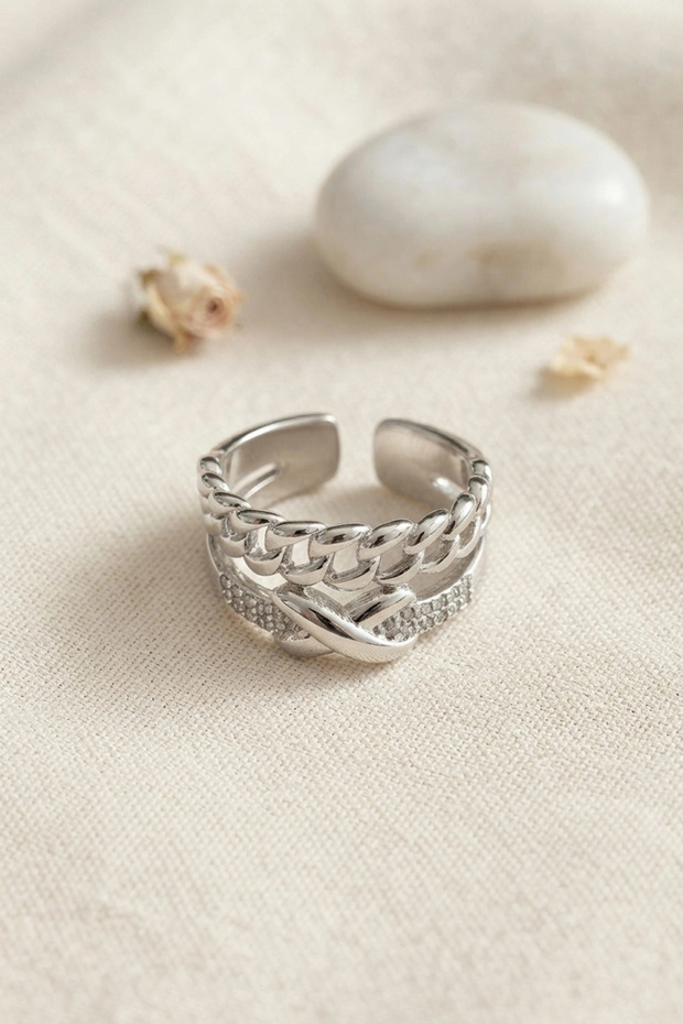 Adjustable Silver Color Ring with Chain and Knot Detail
