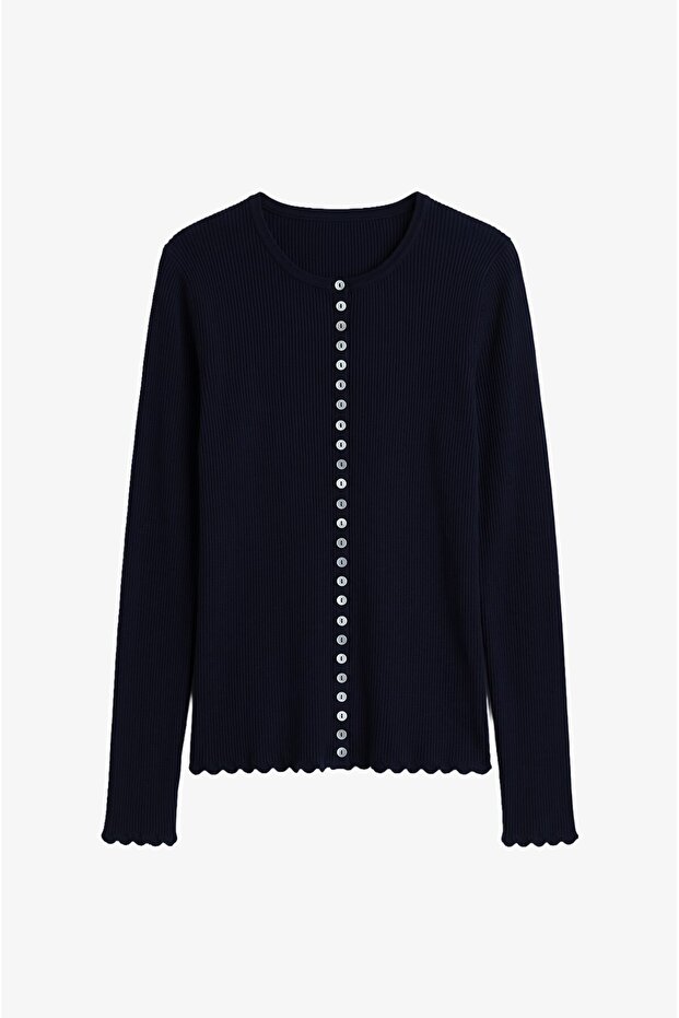 Navy Blue Cannel Buttoned Knitwear Blouse