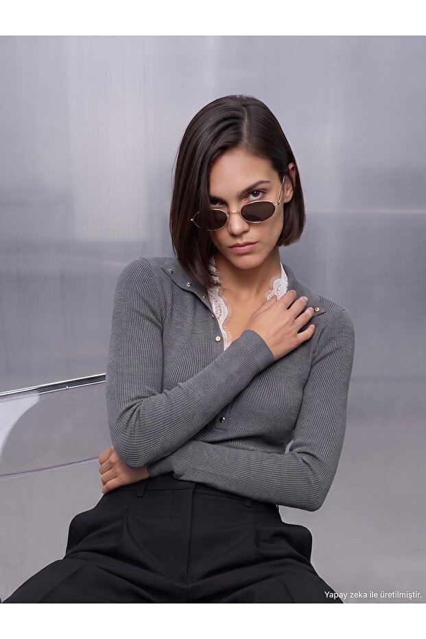 10686 High Collar Buttoned Knit Sweater-Smoked