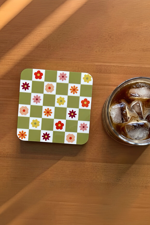 Green Checkered Patterned Floral Coaster