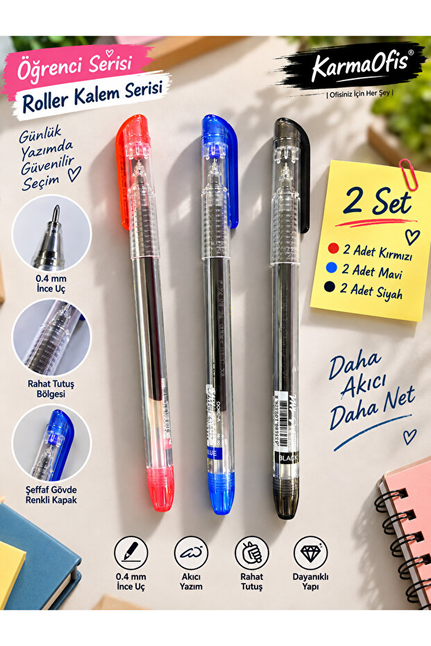 0.4 mm Fine Tip Rollerball Pen Set – Blue, Red, Black | 2 Sets Optional