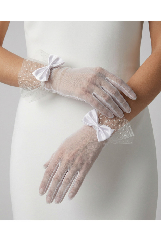 White Polka Dot and Bow Detailed Tulle Short Women's Gloves – Accessory for Wedding, Engagement, Nikkah, Henna Night, Prom, Event, Party, Costume, Graduation, Bachelorette, and Photo Shoot