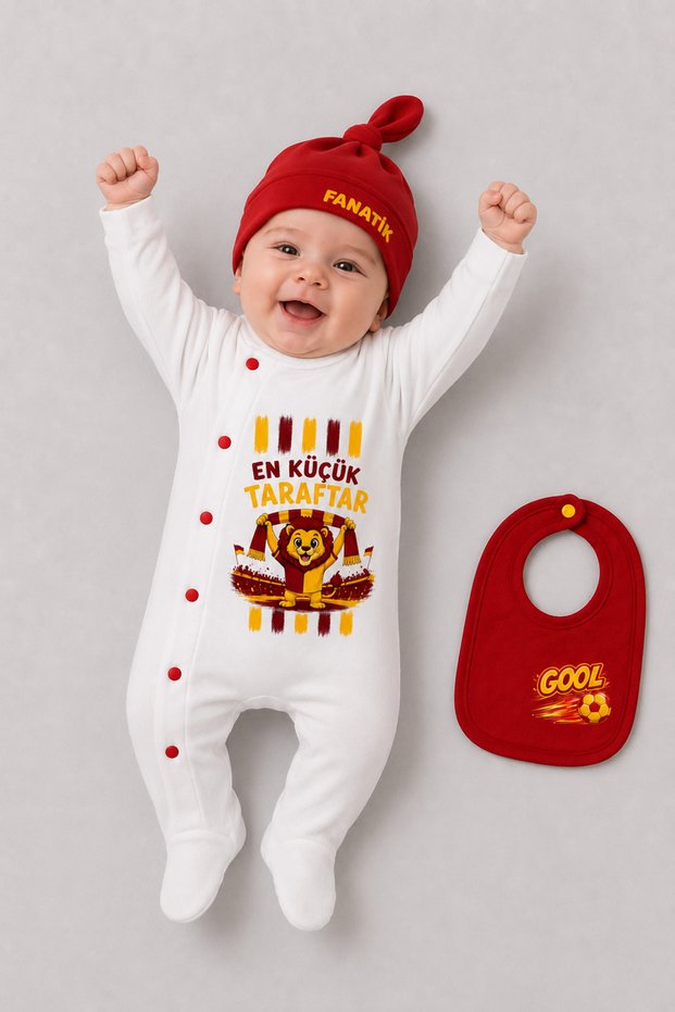 Yellow Red Little Fan 3-Piece Baby Romper Set Football Themed Newborn Baby Romper Set with Hat and Bib