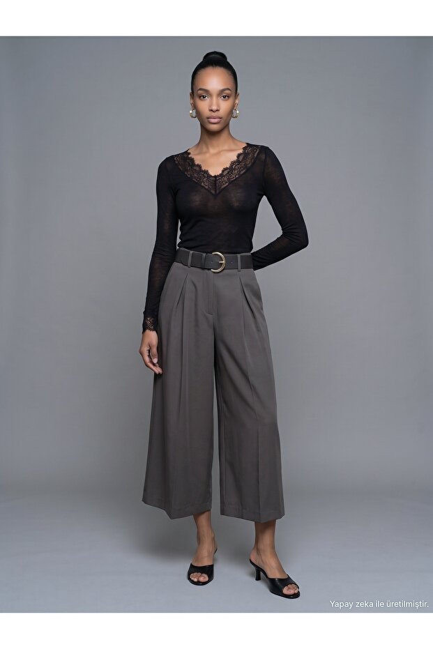 72796 Belted Culotte Trousers-Khaki
