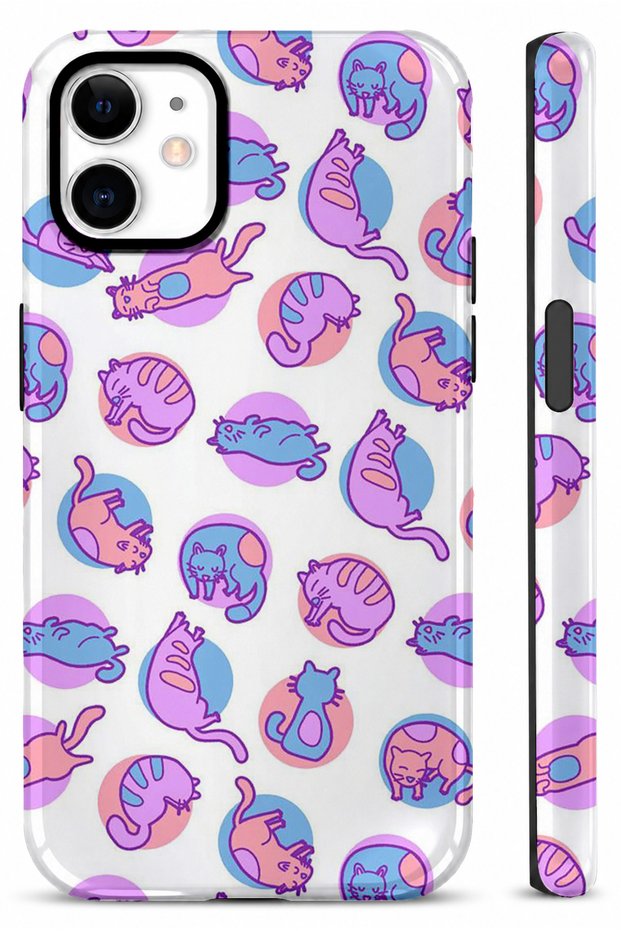 Compatible with iPhone 12 / 12 Pro - Purple and Blue Cats Dual Layer Cover, Glossy Surface Protective Glossy Touch Case