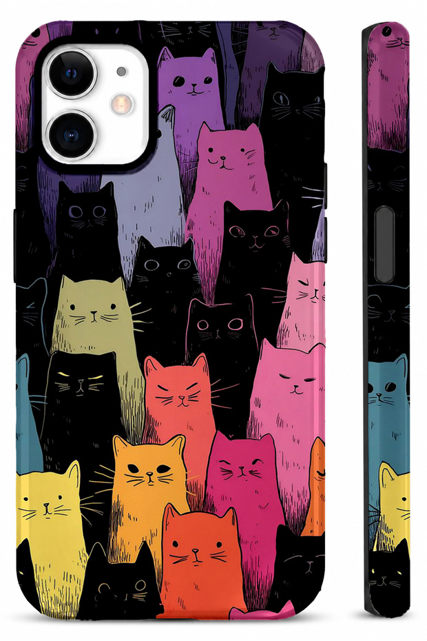 Compatible with iPhone 12 / 12 Pro - Colorful Cartoon Cats Double Layer Cover, Shiny Surface Protective Glossy Touch Case