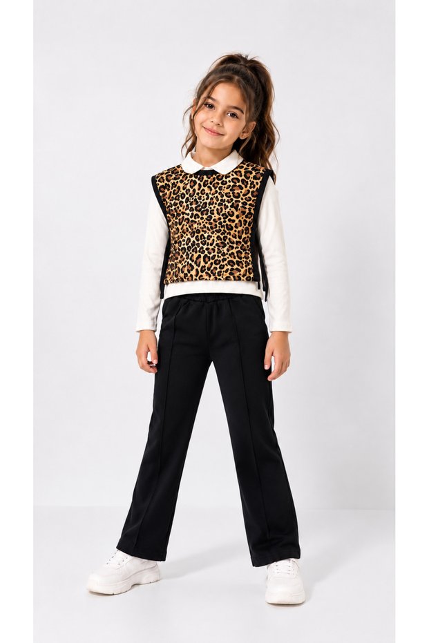 Girl's Leopard Patterned Vest 3-Piece Set – Blouse and Pants 4-11 Years
