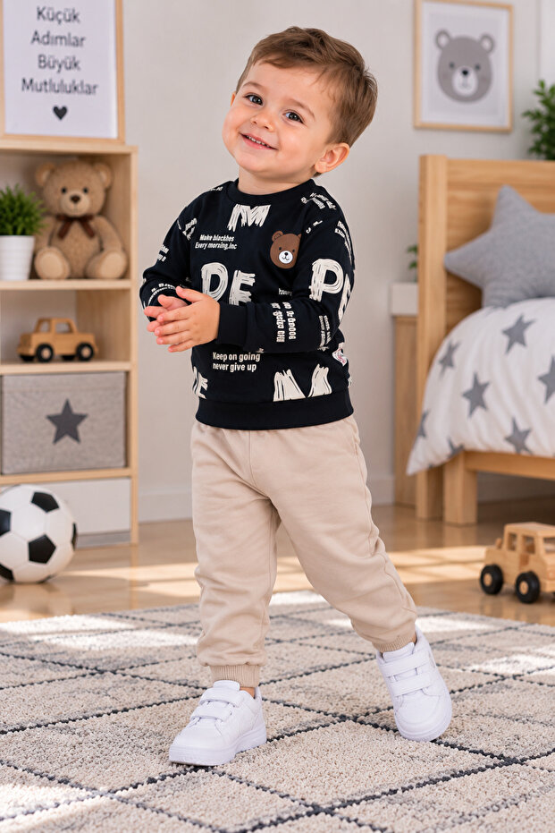 Boys' Sweatshirt Black Printed Teddy Bear Patterned Long Sleeve Comfortable Kids' Top Clothing