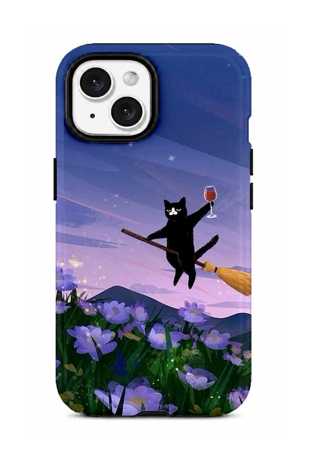 iPhone 15 Compatible - Flying Witch Cat, Double Layer Cover, Glossy Surface Protective Case