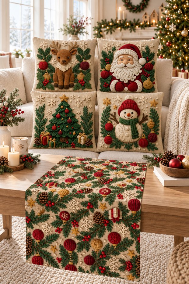 New Year's Themed Embroidery-Looking Digital Printed 4-Piece Throw Pillow Cover and 40X140 cm Runner Set of 5