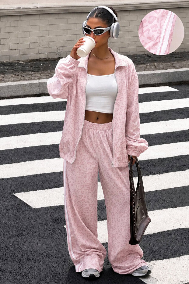 Jagu Pink Leopard Patterned Striped Oversize Zippered Stand Collar Pocketed Jacket Tracksuit Sportswear 2-Piece Bottom - Top Set