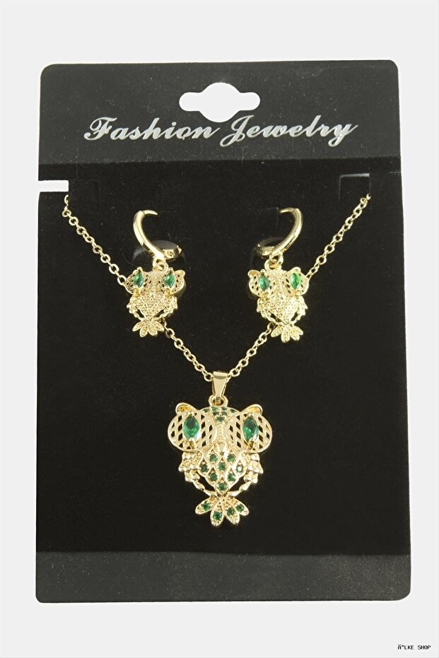 Ilkestor Owl Zircon Stone Set (21706) Necklace Green