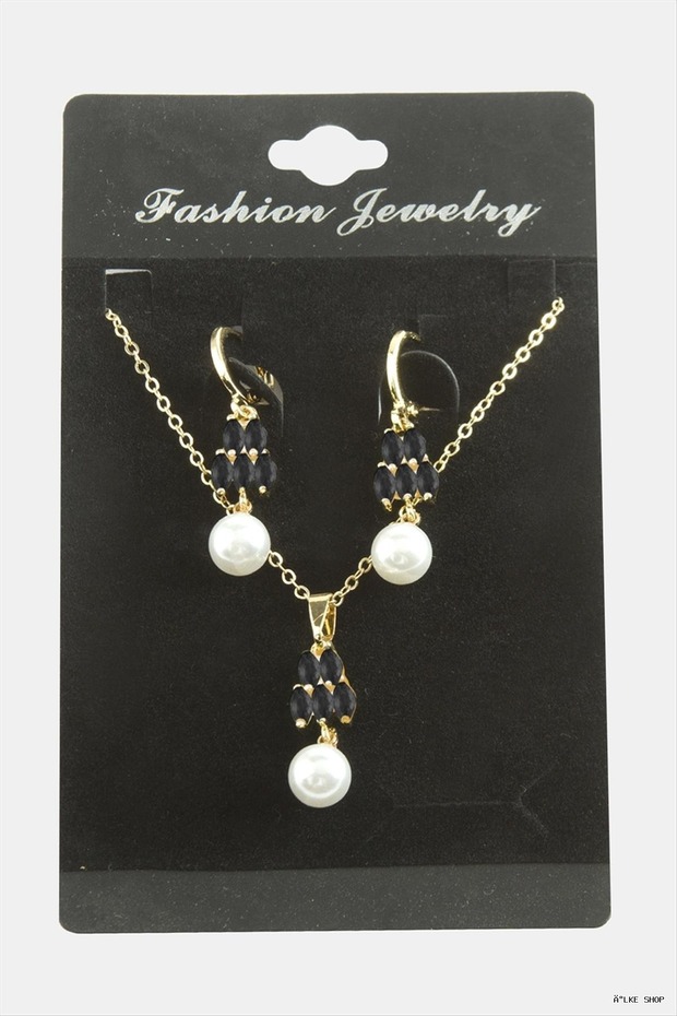 Ilkestor Heart Pearl Zircon Stone Set (21716) Necklace Black