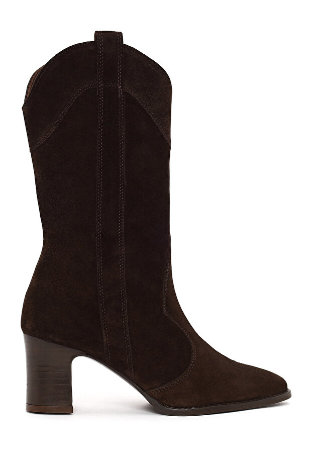 Women's Brown Thick Heeled Suede Leather Cowboy Boots Wf160010Ds