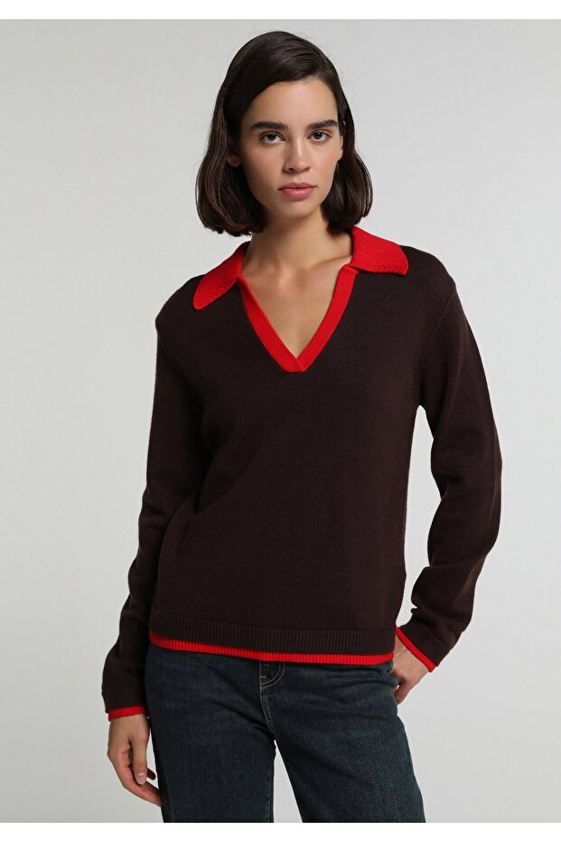 Slim Fit Polo Neck Plain Women's Brown Sweater