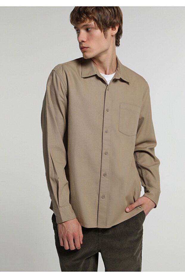 Regular Fit Shirt Neck Plain Men's Brown Long Sleeve Shirt