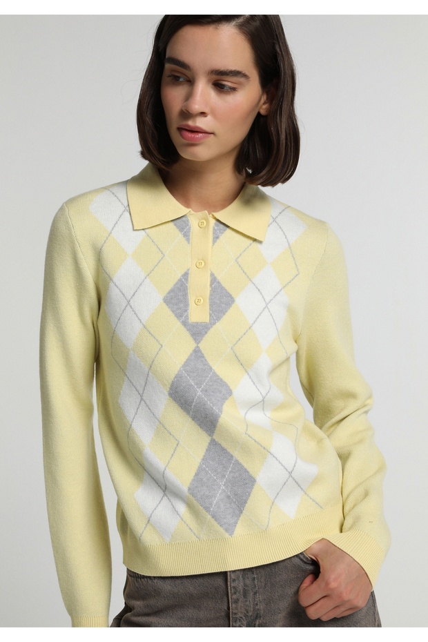 Regular Fit Polo Collar Jacquard Women's Sari Sweater