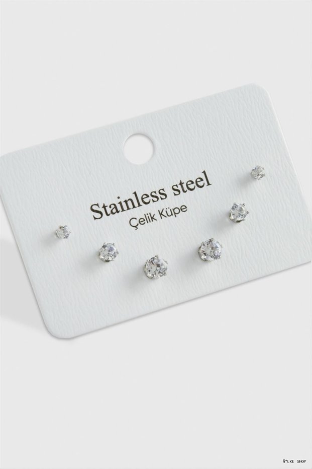 Ilkestor 6 Pieces Zircon Single Stone Steel Earrings (40405) Silver Color