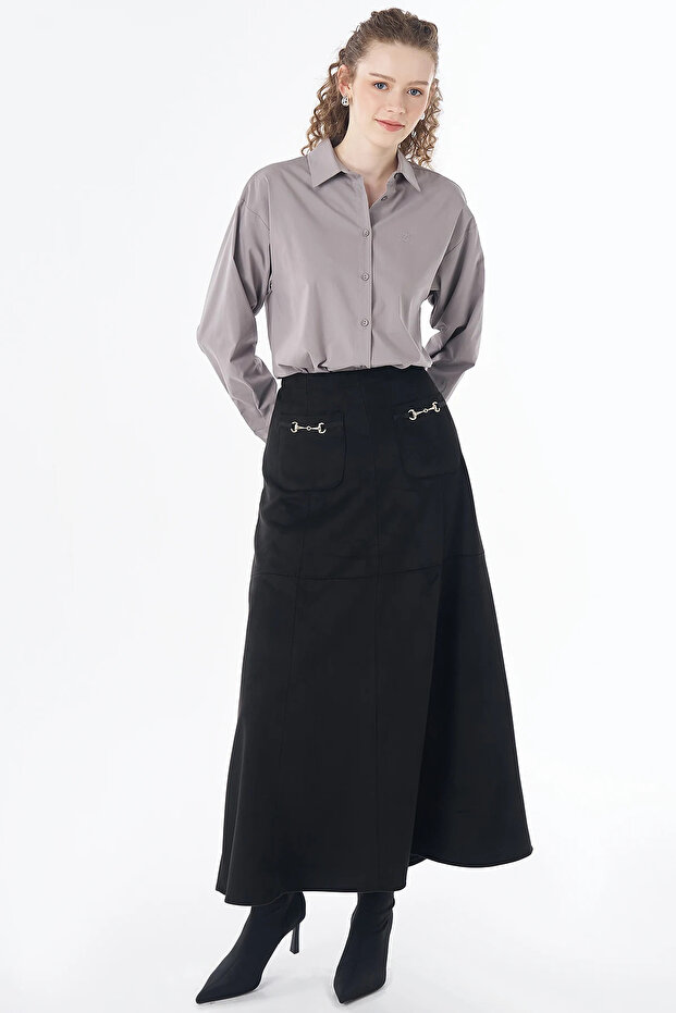Metal Buckle Detailed Suede Skirt Black
