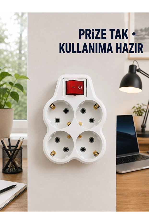 4-Outlet Socket Adapter with Switch, Compact Socket Multiplier for Direct Connection to the Socket