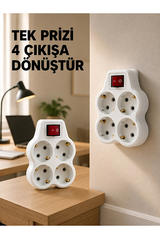 4-Outlet Socket Adapter with Switch, Socket Multiplier Plugged Directly into the Wall Socket, Set of 2