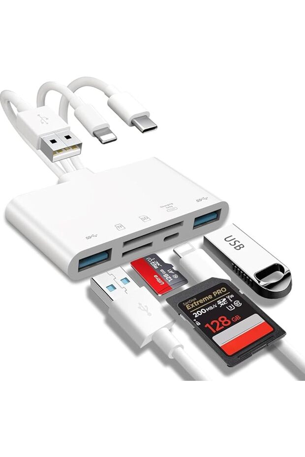 قارئ بطاقات ذاكرة 5 في 1 مع محول USB OTG للآيفون والآيباد، يدعم بطاقات SD وSDHC وSDXC وMMC