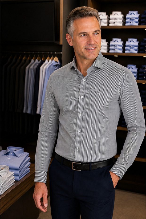 100% Cotton Long Sleeve Striped Men's Shirt Slim Fit Cut Collar Breathable Fabric