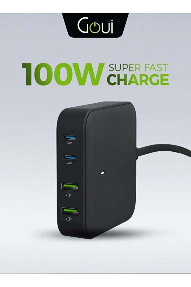 Gan 100W Desktop Charger with 4 Ports, Qualcomm Quick Charge 3.0, Power Delivery PD Technology, 150cm Cable – Fast, Efficient Charging for Multiple Devices Simultaneously - Black