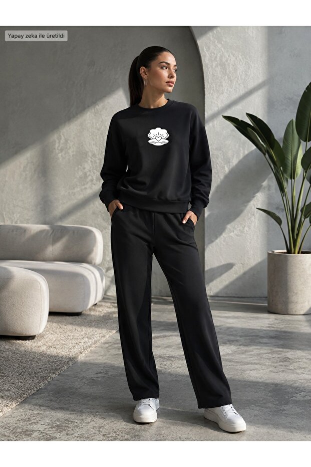 Oyster Shell Printed Crew Neck 2 Threaded Yarn Raised Fabric Tracksuit Set