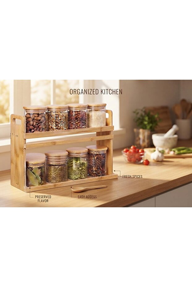 Premium 2-Tier Bamboo Spice Rack Organizer with 8 Glass Jars, Countertop Spice Storage Holder for Kitchen Organization, Bamboo Stand with Airtight Lids for Herbs and Spices