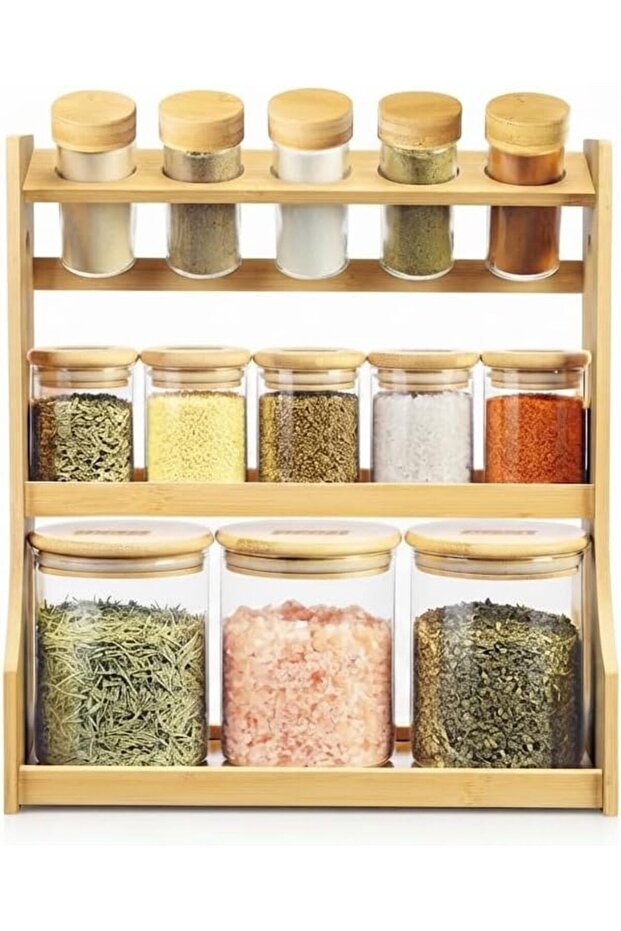 3-Tier Bamboo Spice Rack Organizer with 13 Glass Jars, Countertop Spice Storage Holder for Kitchen Organization, Bamboo Stand with Airtight Lids for Herbs and Spices