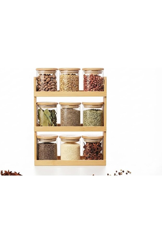 3-Tier Bamboo Spice Rack Organizer with 9 Airtight Glass Jars, Bamboo Lids & Assorted Spices, Countertop Seasoning Shelf Holder for Herbs, Spices and Kitchen Storage