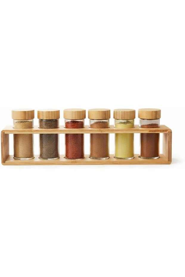 Horizontal Bamboo Spice Rack Organizer with 6 Airtight Glass Jars & Lids, Wooden Countertop Seasoning Shelf Holder for Herbs, Spices, Seasonings, Pantry and Kitchen Storage