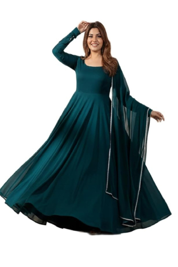 Dark Teal Faux Georgette Anarkali Gown Set - FFT9165 | Dark Teal-Size:L-40-Inches