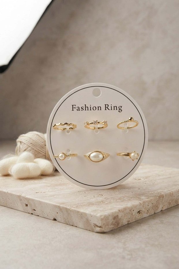 Gold Color Brass Vintage Detailed 6-Piece Ring Set Byk4315