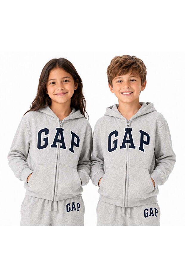 V-Bas Heritage Logo Printed Hooded Kids Sweatshirt Gray