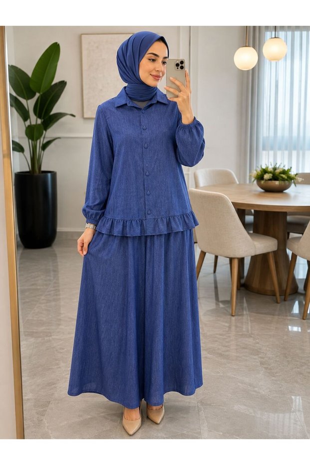 Women's Ruffle Detailed Buttoned Shirt and Rubber-Waisted Long Skirt Two-Piece Set