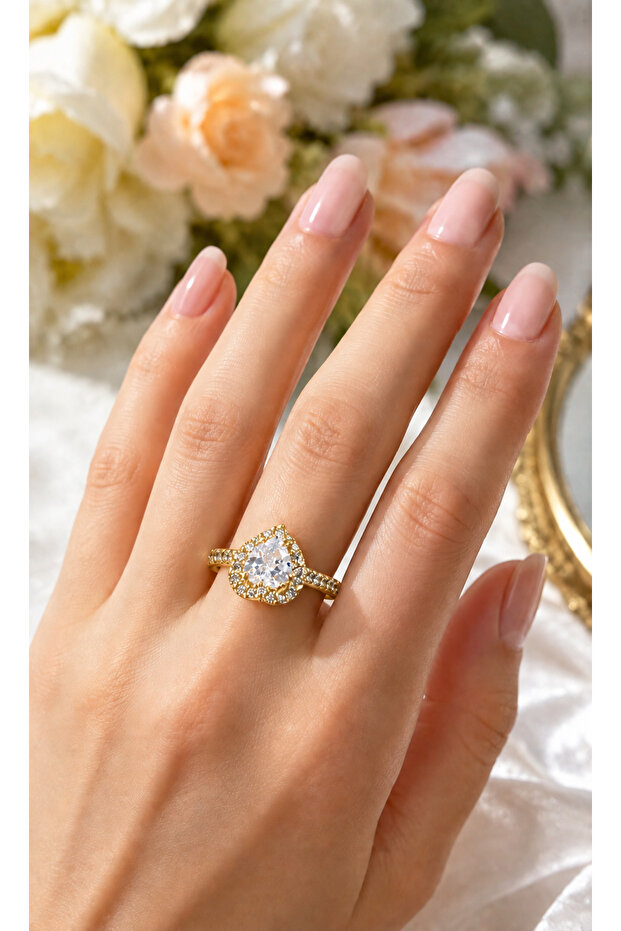 Gold Color Adjustable Zircon Row Stone Heart Ring for Promise Engagement
