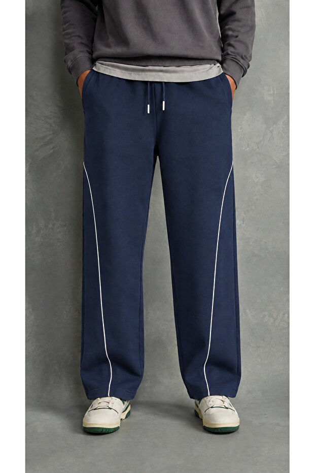 Men's Navy Blue Baggy Sweatpants with Front Piping and Wide Legs