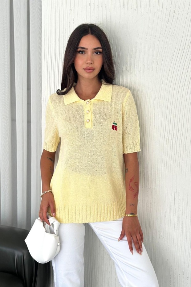 Women's Cherry Embroidered Buttoned Polo Collar Soft Textured Knitwear Top